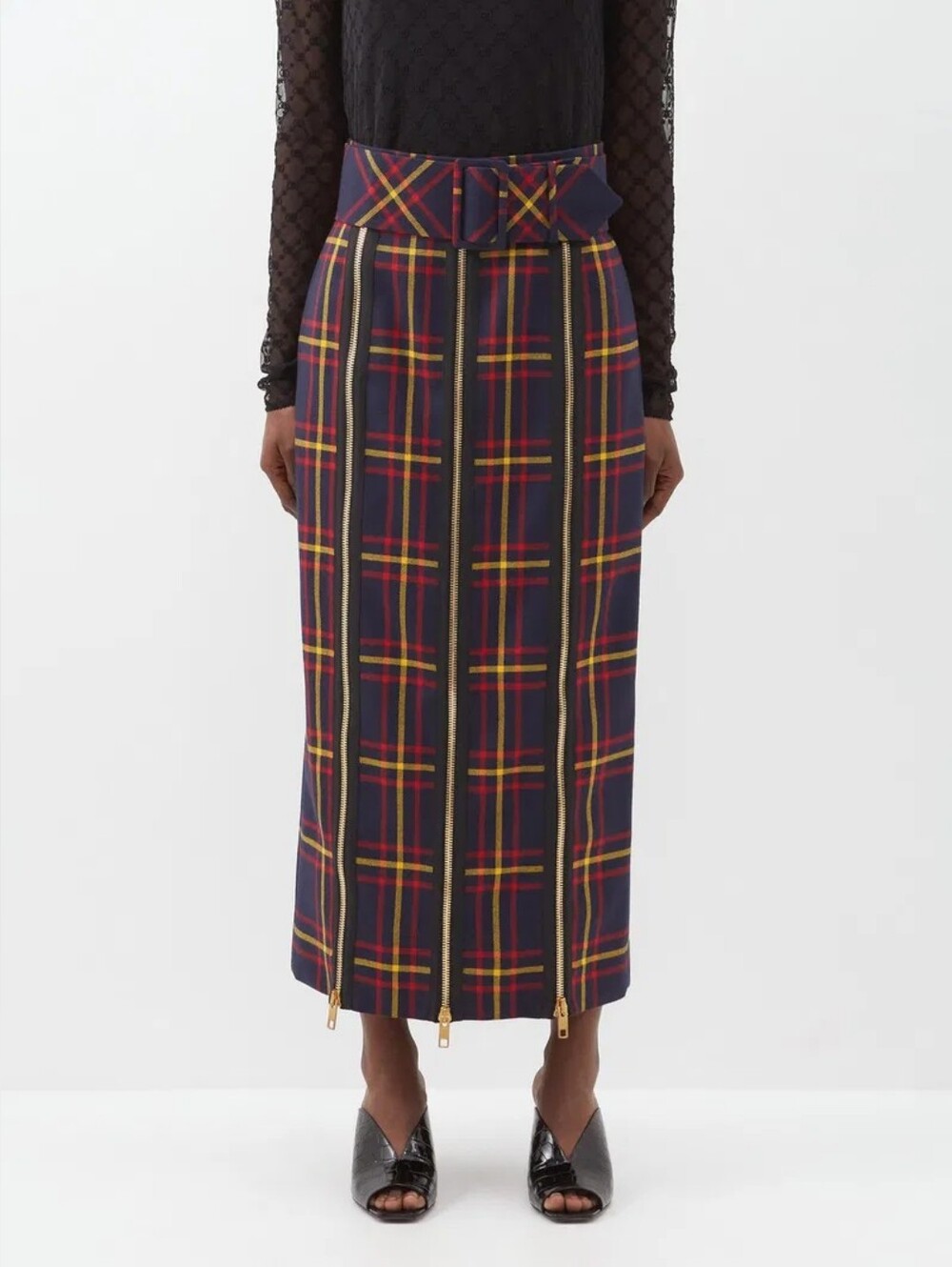 Gucci High-Waist Belted Zip-Front Wool Tartan Skirt